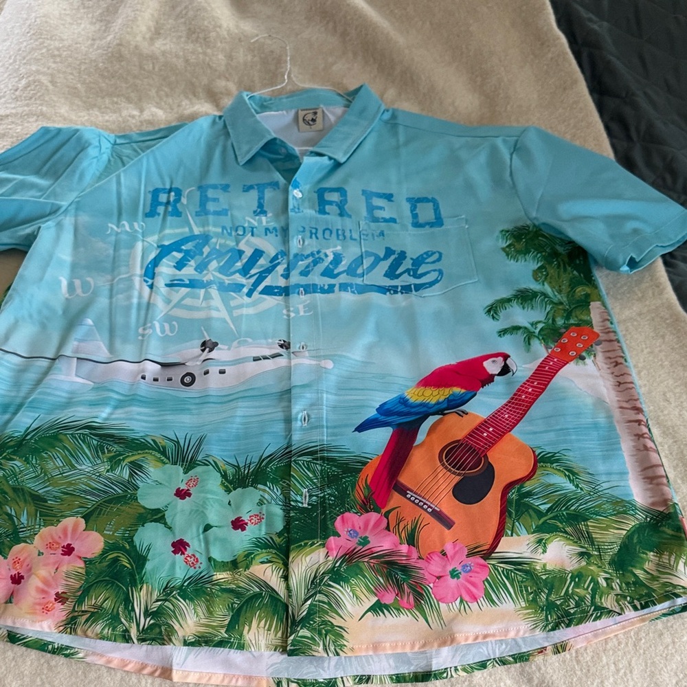 Tropical Blue Hawaiian Shirt with Parrot and Guitar